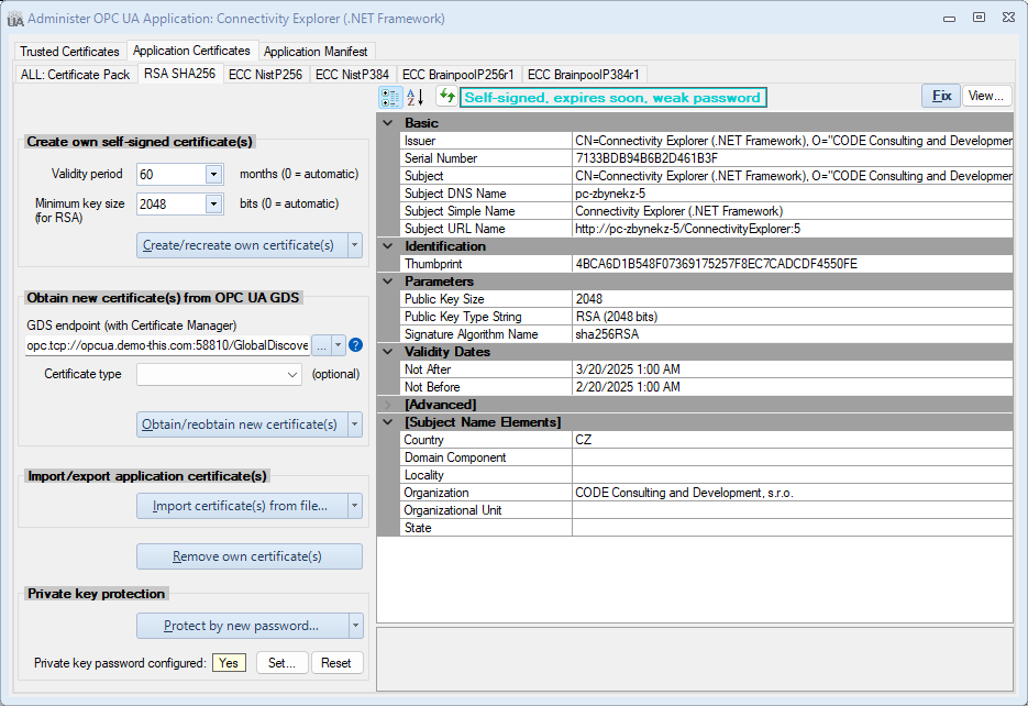 Dialog screenshot - OPC UA application certificates
