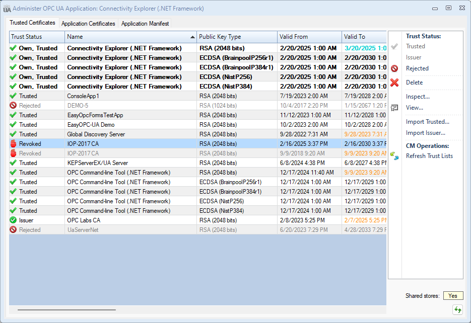 Dialog screenshot - managing trusted certificates